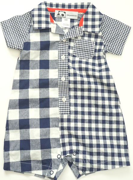 Navy Blue Plaid Print Romper